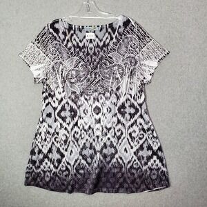 Unity Women Top 1X Gray Ikat Paisley Rhinestone Short Sleeve V Neck